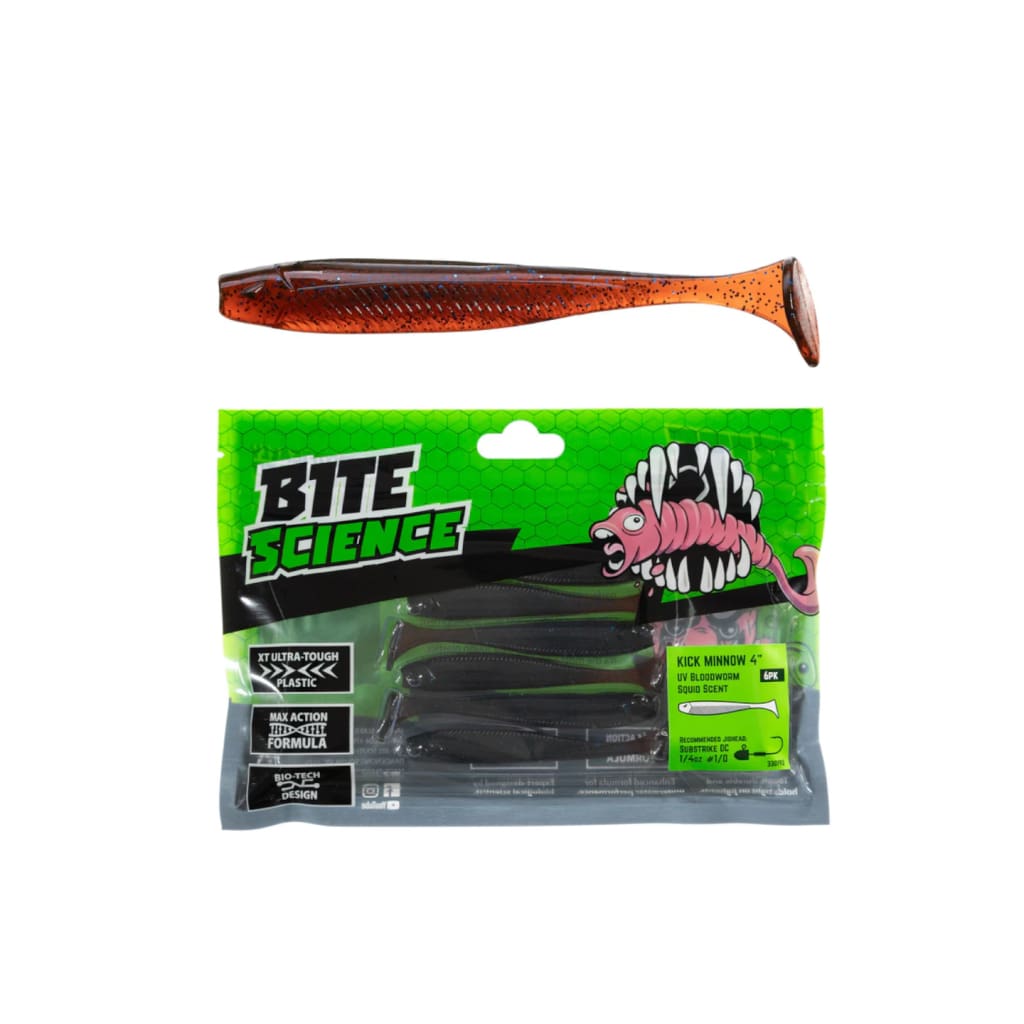 Bite Science Kick Minnow - 4’’ / UV Bloodworm - Soft Baits Lures (Saltwater)