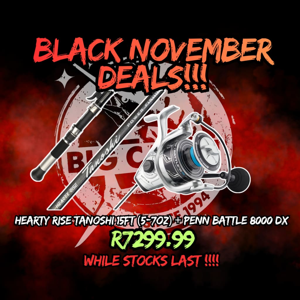 Black November Hearty Rise Tanoshi 15ft (5-7oz) + Penn Battle 8000 DX - Spinning Combos (Saltwater)
